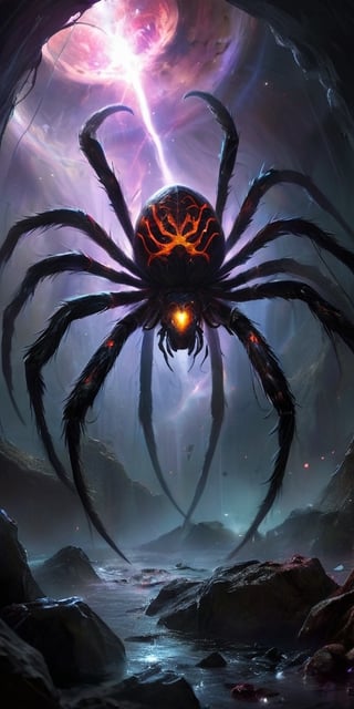 The Rift Spawns In the depths of an interstellar rift, where reality frays, monstrous beings emerge. Picture a creature with the body of a colossal spider, its hairy legs ending in sharp, hooked claws. Its bloated abdomen pulses with a sickly glow, revealing a multitude of eyes that fixate on its prey with an insatiable hunger.
