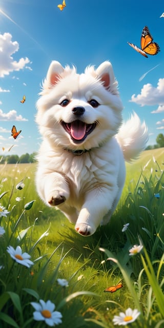 A panoramic image of a vast green meadow, with a fluffy white Samoyed puppy frolicking in the tall grass. The puppy playfully chases a swarm of butterflies, their colorful wings creating a mesmerizing blur against the blue summer sky.
