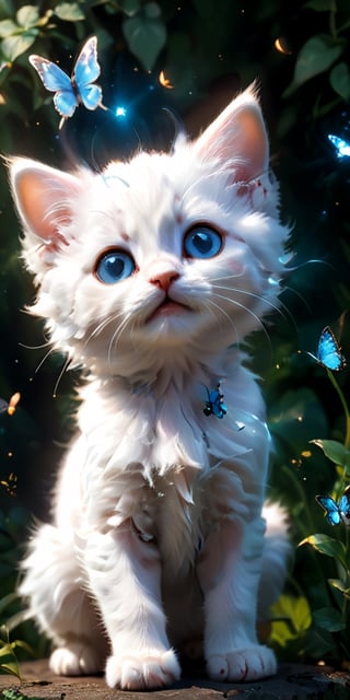 close-up portrait of a fluffy white kitten gazing upwards with wide, curious eyes. A butterfly with wings of iridescent blue flutters just above the kitten's head, its delicate form reflected in the kitten's shiny pupils. The image captures the innocence and wonder of the kitten as it experiences the beauty of the natural world.
 
