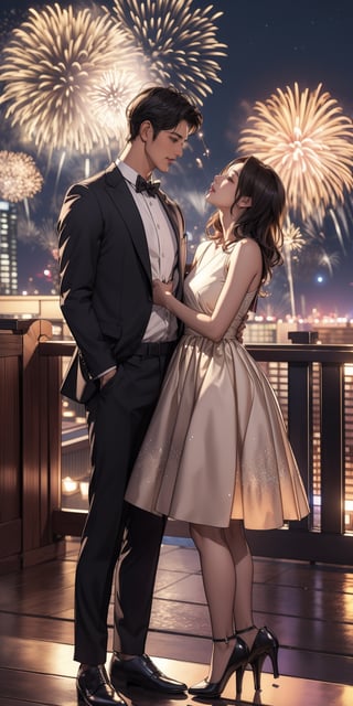Bring to life a captivating moment on a rooftop for New Year's Eve. Picture a beautiful girl and a handsome boy standing together, gazing at the night sky adorned with dazzling fireworks. Craft a visually stunning image that captures the magic of the moment, blending the warmth of their connection with the spectacular backdrop of the New Year's celebration. Ensure the scene radiates romance and joy, symbolizing the promise of a wonderful year ahead.