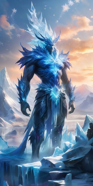 A towering, crystalline giant emerges from a frozen wasteland. Its body is composed of interlocking ice crystals, and its movements cause shimmering snowflakes to cascade around it.
