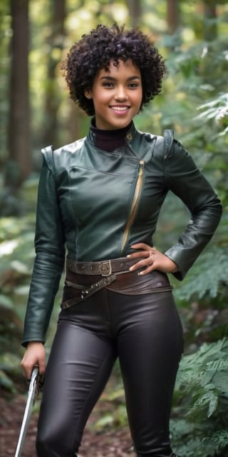 young Black woman with short, curly hair and a warm smile, dressed in a practical leather jerkin and breeches. She confidently strides through a lush forest, her hand resting on the hilt of a sword strapped to her hip. Sunlight filters through the leaves, casting dappled light on her path.
