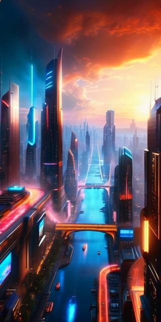 Cityscape of the Future A sprawling metropolis, towering skyscrapers reaching towards a smog-filled sky, neon lights and holographic advertisements flickering against the backdrop of a setting sun. Flying vehicles zip between buildings, and enormous digital billboards cast a colorful glow over the bustling streets below.