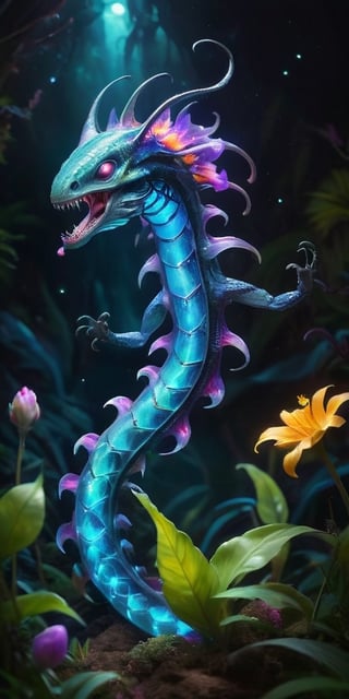 A colossal, serpentine creature with iridescent scales and glowing spines undulates through a field of bioluminescent flowers on an alien planet. Its forked tongue flickers as it samples the exotic flora, its bioluminescence pulsing in sync with the flowers' rhythmic glow.
