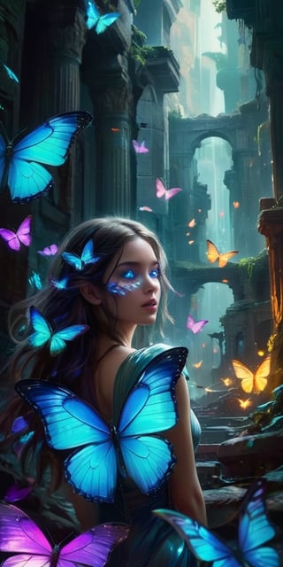 A swarm of bioluminescent butterflies with iridescent wings flutter through the ruins of an ancient alien city. Their delicate beauty masks a deadly secret: their powdery scales are laced with a potent neurotoxin, leaving those who disturb them in a paralyzed state.
