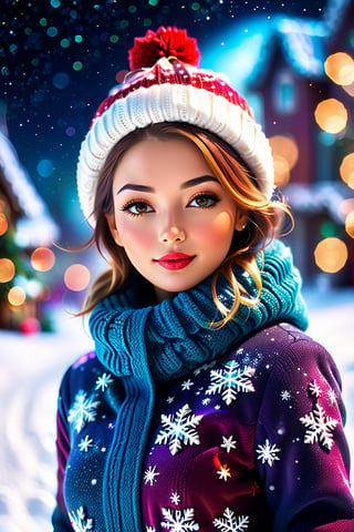 close up angle of (( winter clothes women )), (snow) , detailed focus, deep bokeh, beautiful, dreamy colors, dark cosmic background. Visually delightful ,3D,more detail XL( Christmas theme)(the text "Mari Christmas":1.5)