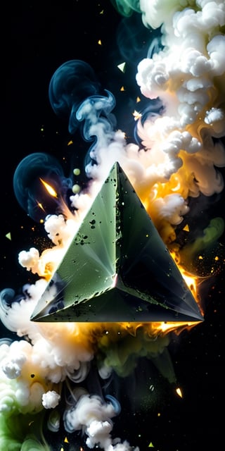 close up angle of (( on the smoke), (Olive Drab, black, white colour triangle dust),()detailed focus, deep bokeh, beautiful, , dark cosmic background. Visually delightful , 3D,ULTIMATE LOGO MAKER [XL],more detail XL