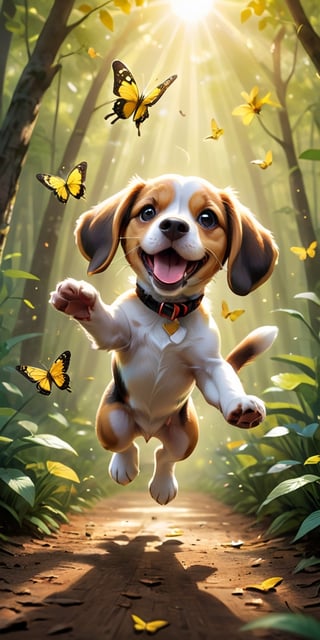 A beagle puppy, with its floppy ears and joyful expression, leaps through the air in an attempt to catch a bright yellow butterfly flitting just out of reach. The puppy's paws are outstretched, and its tail wags excitedly as it chases the butterfly through a sun-dappled forest.

