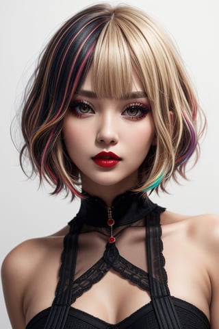 1girl, solo, upper body, looking at viewer, white background, bob cut, short hair, multicolored hair, makeup, parted lips, red lips, eyeliner,