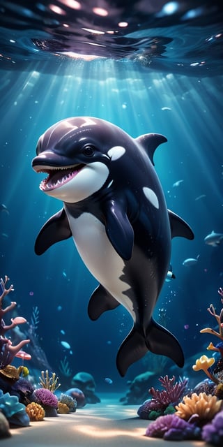 close up angle of, cut body, ((),(3d killer whale )) surrounded by underwater,( )  ,animal, detailed focus, deep bokeh, beautiful, , dark cosmic background. Visually delightful , 3D,more detail XL,chibi