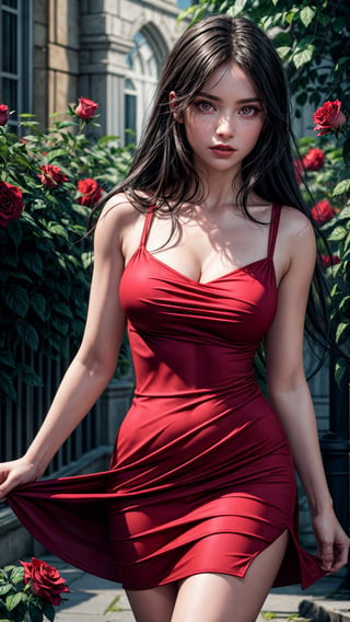 masterpiece,{{{best quality}}},(illustration)),{{{extremely detailed CG unity 8k ,Brilliant light,cinematic lighting,long_focus,Women, with medium breast , (Black hair),long_hair,((-red babycon dress)), pink eyes,realistic, Rose garden outside background,top angle ,FFIXBG