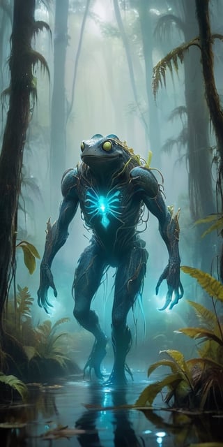 A monstrous, amphibious creature with bioluminescent markings emerges from a fog-shrouded swamp. Its webbed fingers leave glowing trails on the damp vegetation, and its croaking calls echo through the dense foliage, both a warning and a lure.
