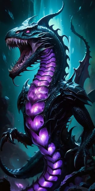 Voidspawn Leviathan From the blackest void comes a leviathan of nightmares. Its elongated body is covered in shimmering, bioluminescent scales, giving it an eerie, spectral appearance. Rows of serrated teeth line its gaping maw, which stretches impossibly wide to consume entire ships whole. 
