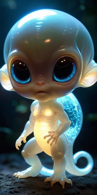 A baby alien with translucent skin that reveals its internal organs, which glow softly with bioluminescence. It has a head that is disproportionately large compared to its body, giving it a comically cute appearance, and it communicates through a series of chirps and whistles.
