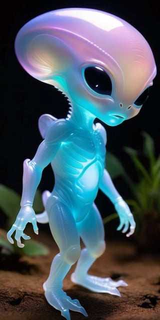 A baby alien with translucent skin that reveals its internal organs, which glow softly with bioluminescence. It has a head that is disproportionately large compared to its body, giving it a comically cute appearance, and it communicates through a series of chirps and whistles.
