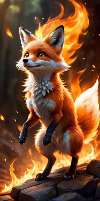 A mischievous fire spirit, resembling a playful fox, dances amongst flickering flames. Its fur crackles with embers, and its eyes glow with the warmth of the fire.
 
