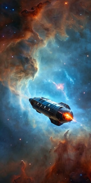 A sleek, chrome-plated spaceship soars through a nebula, its engines leaving a trail of vibrant energy. The vastness of space stretches out in the background, filled with countless stars and distant galaxies.
 
