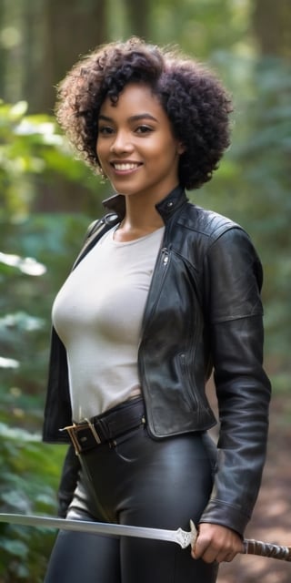 young Black woman with short, curly hair and a warm smile, dressed in a practical leather jerkin and breeches. She confidently strides through a lush forest, her hand resting on the hilt of a sword strapped to her hip. Sunlight filters through the leaves, casting dappled light on her path.
