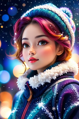 close up angle of (( winter clothes lady )), (snow) , detailed focus, deep bokeh, beautiful, dreamy colors, dark cosmic background. Visually delightful ,3D,more detail XL( Christmas theme)
