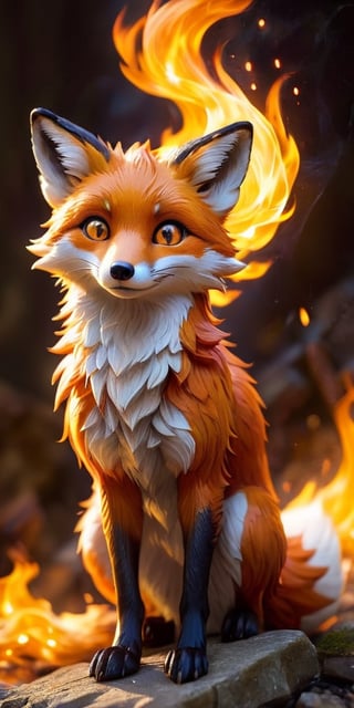 A mischievous fire spirit, resembling a playful fox, dances amongst flickering flames. Its fur crackles with embers, and its eyes glow with the warmth of the fire.
 
