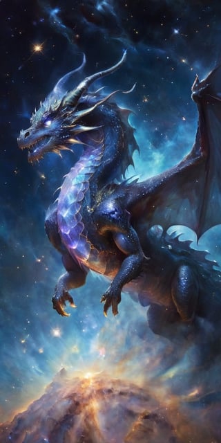 A massive dragon with shimmering scales of iridescent blue and silver, its wings spanning vast distances, gliding gracefully amidst a backdrop of swirling galaxies and twinkling stars. The dragon's eyes glow with the light of distant nebulae, and its breath creates beautiful trails of stardust behind it.
