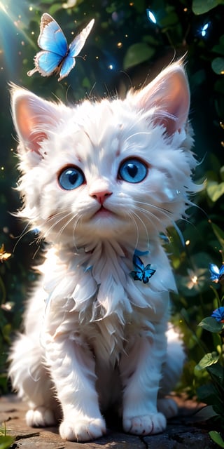 close-up portrait of a fluffy white kitten gazing upwards with wide, curious eyes. A butterfly with wings of iridescent blue flutters just above the kitten's head, its delicate form reflected in the kitten's shiny pupils. The image captures the innocence and wonder of the kitten as it experiences the beauty of the natural world.
 
