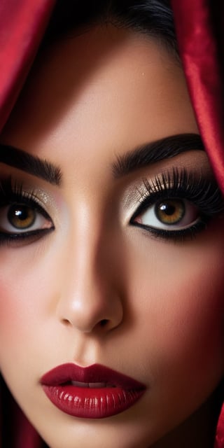 A close-up portrait of a woman with dramatic, theatrical makeup. Her eyes are bold and expressive, framed by thick lashes and dark eyeshadow. The background is a deep red velvet curtain.
