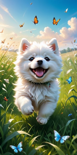 A panoramic image of a vast green meadow, with a fluffy white Samoyed puppy frolicking in the tall grass. The puppy playfully chases a swarm of butterflies, their colorful wings creating a mesmerizing blur against the blue summer sky.
