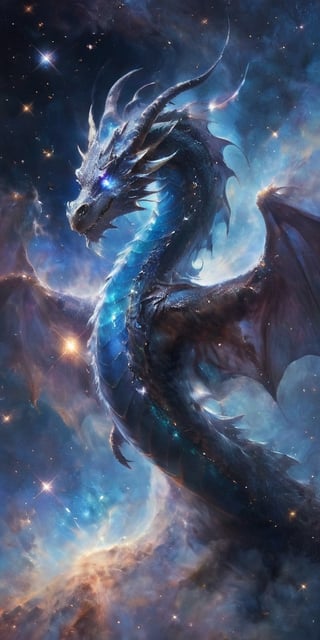 A massive dragon with shimmering scales of iridescent blue and silver, its wings spanning vast distances, gliding gracefully amidst a backdrop of swirling galaxies and twinkling stars. The dragon's eyes glow with the light of distant nebulae, and its breath creates beautiful trails of stardust behind it.
