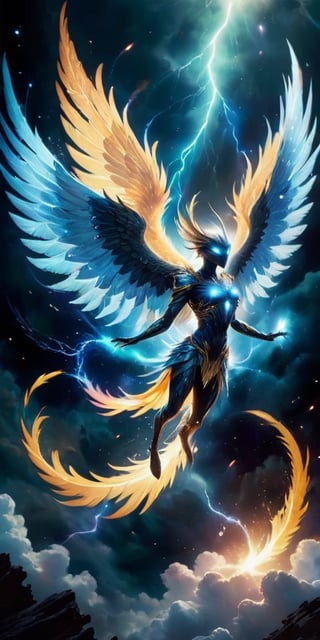  A pack of winged humanoids with shimmering feathers and razor-sharp talons soar through a celestial storm. Their forms crackle with electrical energy, and their eyes glow with an otherworldly power as they navigate the swirling clouds of gas and plasma.
