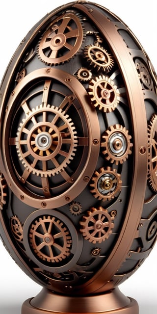 Generate an image of a steampunk-inspired Easter egg, featuring intricate metallic gears, cogs, and mechanical elements. The egg should have a vintage, industrial look, with a color palette of bronze, copper, and gold. Include intricate details and shading to give the egg a realistic, three-dimensional appearance."