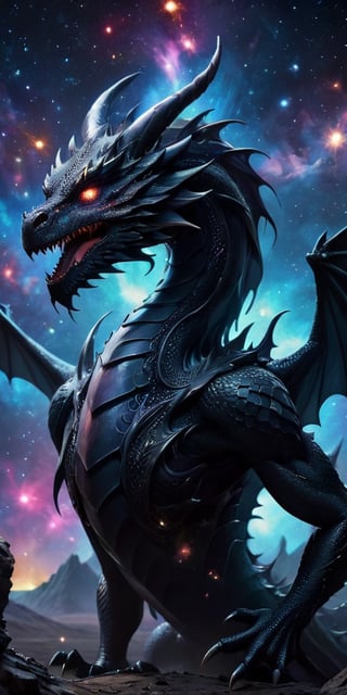 A dragon of the cosmic void, its body a deep, inky black, absorbing all light around it. It flies through a field of distant galaxies, its form almost invisible against the backdrop of the cosmos. Its eyes shine with a fierce intelligence, and its presence is both intimidating and mesmerizing.
