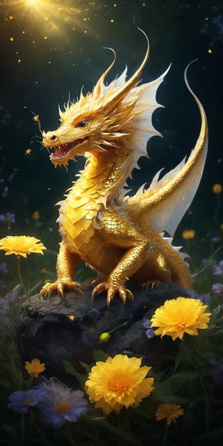 Depict a baby sun dragon frolicking in a field of wildflowers. Imagine its scales glowing with a warm golden hue, resembling dandelion fluff, and tiny fireflies illuminating the scene with their bioluminescent glow. Capture the dragon's playful expression as it chases butterflies and lets out gentle puffs of smoke.

