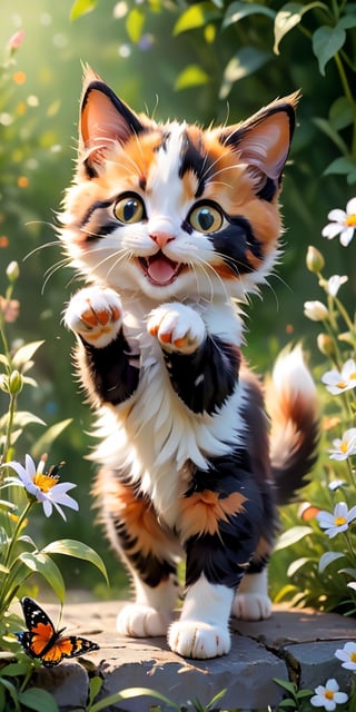 A playful scene of a calico kitten, its fur a patchwork of black, white, and orange, batting at a butterfly with its tiny paws. The butterfly, seemingly unfazed, flits around the kitten, leading it on a merry chase through a bed of blooming wildflowers. The image is a heartwarming portrayal of youthful curiosity and the joy of exploration.

