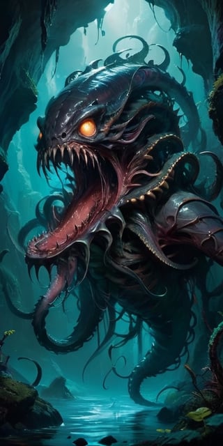 The Abyssal Devourer In the depths of a forgotten abyss, a monstrous entity lurks. It possesses a serpentine body that undulates sinuously, covered in slimy, translucent flesh. Its many eyes glow with a malevolent intelligence, and its gaping maw is lined with rows of needle-like teeth. Tentacles, each tipped with a bony barb, writhe around its form, ready to ensnare any who draw near.
