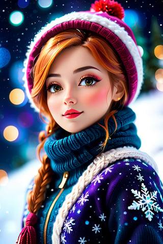 close up angle of (( winter clothes women )), (snow) , detailed focus, deep bokeh, beautiful, dreamy colors, dark cosmic background. Visually delightful ,3D,more detail XL( Christmas theme)(the text "Mari Christmas":1.5)