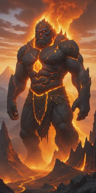 A colossal stone giant, its weathered features adorned with golden jewels, stands guard over a hidden city nestled within a volcano. Molten lava flows around its base, casting an orange glow on the city's obsidian towers.
 
