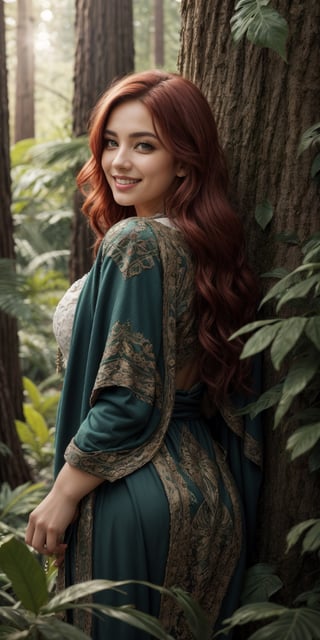 A Latina woman with fiery red hair cascading down her back and bright green eyes sparkling with mischief, leans against the trunk of a giant, ancient redwood tree in a sun-dappled forest. She wears a cloak woven from emerald leaves and carries a mischievous grin.
