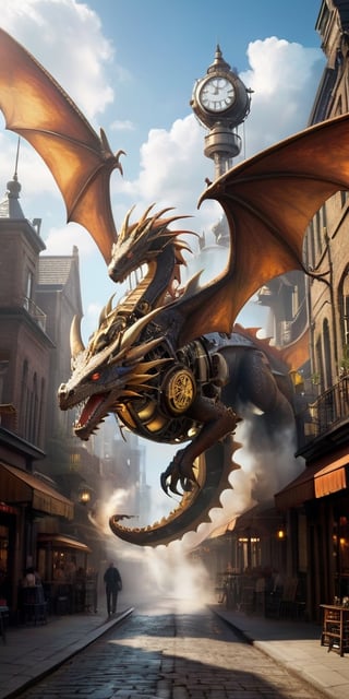 A colossal clockwork dragon, its brass gears and pistons whirring to life, takes flight above a steampunk cityscape. Steam billows from its vents, and its metallic wings cast long shadows on the cobblestone streets below.
