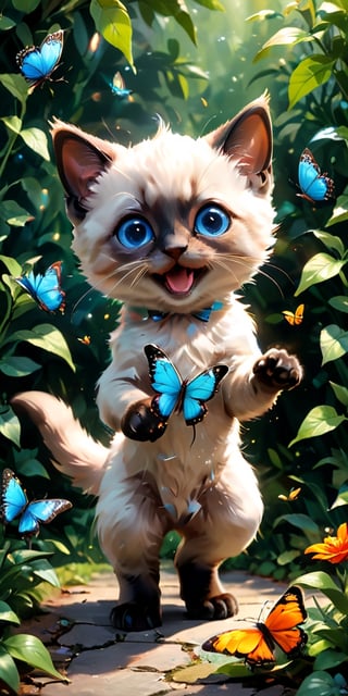  mischievous Siamese kitten, its bright blue eyes sparkling with amusement, stalks a butterfly with playful intent. The butterfly, a burst of orange and black against the green leaves, flits from flower to flower, just out of reach of the kitten's pouncing paws. The scene is filled with the energy of the chase, a delightful dance between predator and prey.
 
