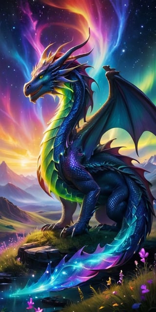 An astral dragon, its body a luminous, ever-changing tapestry of colors, like a living aurora. It flies through a field of shimmering starlight, its form blending with the cosmic energies around it. Its presence is mesmerizing and enchanting, a true marvel of the cosmos.
