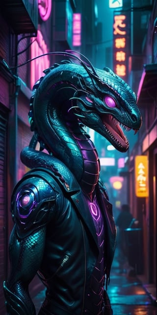 A serpentine creature with iridescent scales slithers through a neon-lit cyberpunk alleyway. Its forked tongue flickers with electric energy, and its eyes glow with an otherworldly intelligence.
