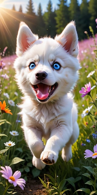 A husky puppy with piercing blue eyes and fluffy white fur, its playful energy boundless, bounds through a field of wildflowers, chasing a brightly colored butterfly. The puppy's pink tongue flops out in joyful exertion as it leaps and pounces, its soft fur catching the sunlight in a burst of white. The butterfly, with wings of vibrant orange and black, flits just out of reach, leading the energetic pup on a merry chase through the summer meadow.
