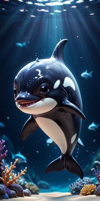 close up angle of, cut body, ((),(3d killer whale )) surrounded by underwater,( )  ,animal, detailed focus, deep bokeh, beautiful, , dark cosmic background. Visually delightful , 3D,more detail XL,chibi