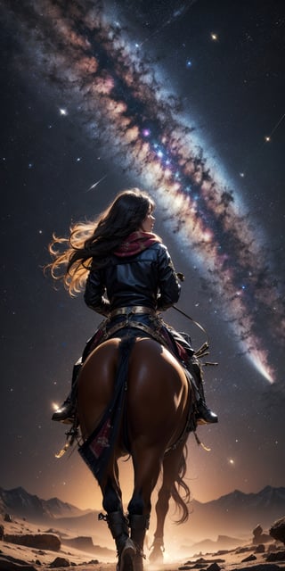 Comet rider: Mounted on the back of a comet, she rides through the galaxy with wild abandon, a free spirit among the stars.
