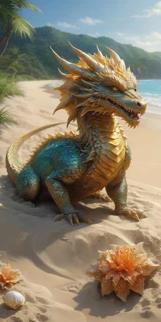 Craft a digital painting of a baby sand dragon basking on a sun-drenched beach. Give its scales a textured, sandy appearance, with hints of seashells and coral fragments embedded within. Depict the dragon playfully digging in the sand, leaving trails of tiny footprints, and let gentle waves lap at the shore, creating a sense of serenity.
