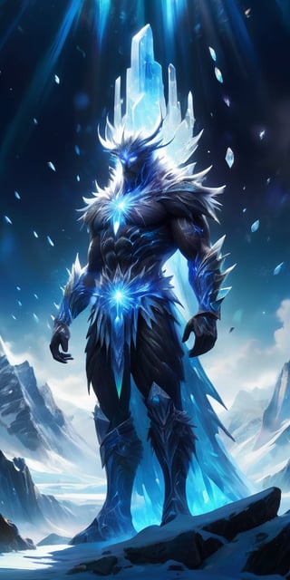 A towering, crystalline giant emerges from a frozen wasteland. Its body is composed of interlocking ice crystals, and its movements cause shimmering snowflakes to cascade around it.
