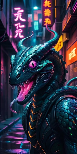 A serpentine creature with iridescent scales slithers through a neon-lit cyberpunk alleyway. Its forked tongue flickers with electric energy, and its eyes glow with an otherworldly intelligence.
