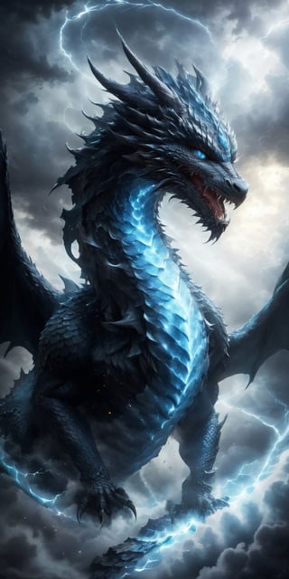 Create a close-up image of a baby storm dragon emerging from a swirling vortex of clouds. Capture the raw power of the scene with dark, stormy clouds swirling around the dragon's silhouette. Depict the dragon's eyes glowing with electric blue energy, and let streaks of lightning illuminate its sleek, charcoal gray scales.
, 