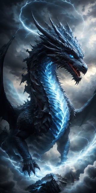 Create a close-up image of a baby storm dragon emerging from a swirling vortex of clouds. Capture the raw power of the scene with dark, stormy clouds swirling around the dragon's silhouette. Depict the dragon's eyes glowing with electric blue energy, and let streaks of lightning illuminate its sleek, charcoal gray scales.
, 